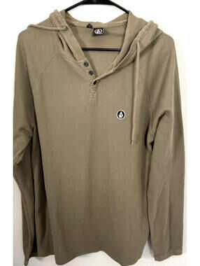 Volcom Mens XL Hooded Thermal Waffle Knit Shirt Tan Long Sleeve
